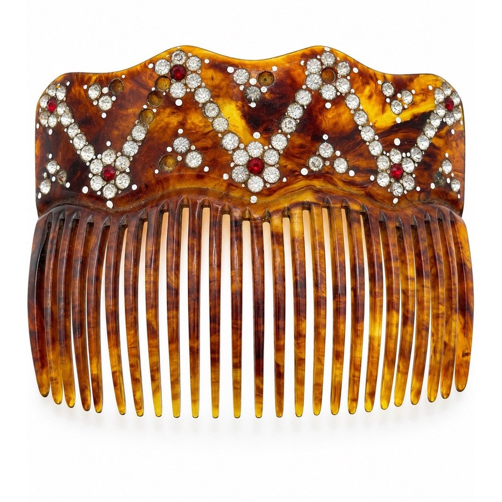 Vintage Art Deco Faux Tortoiseshell Rhinestone Hair Comb Floral Red 3.5 In